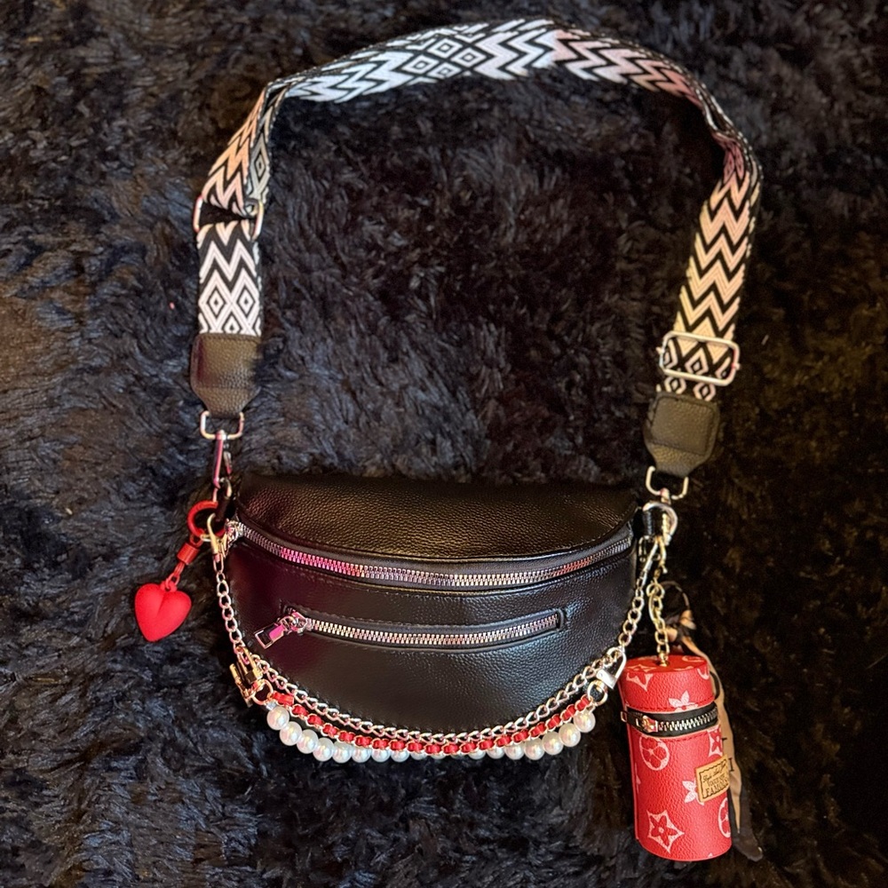 Black Crossbody Bag with Patterned Strap